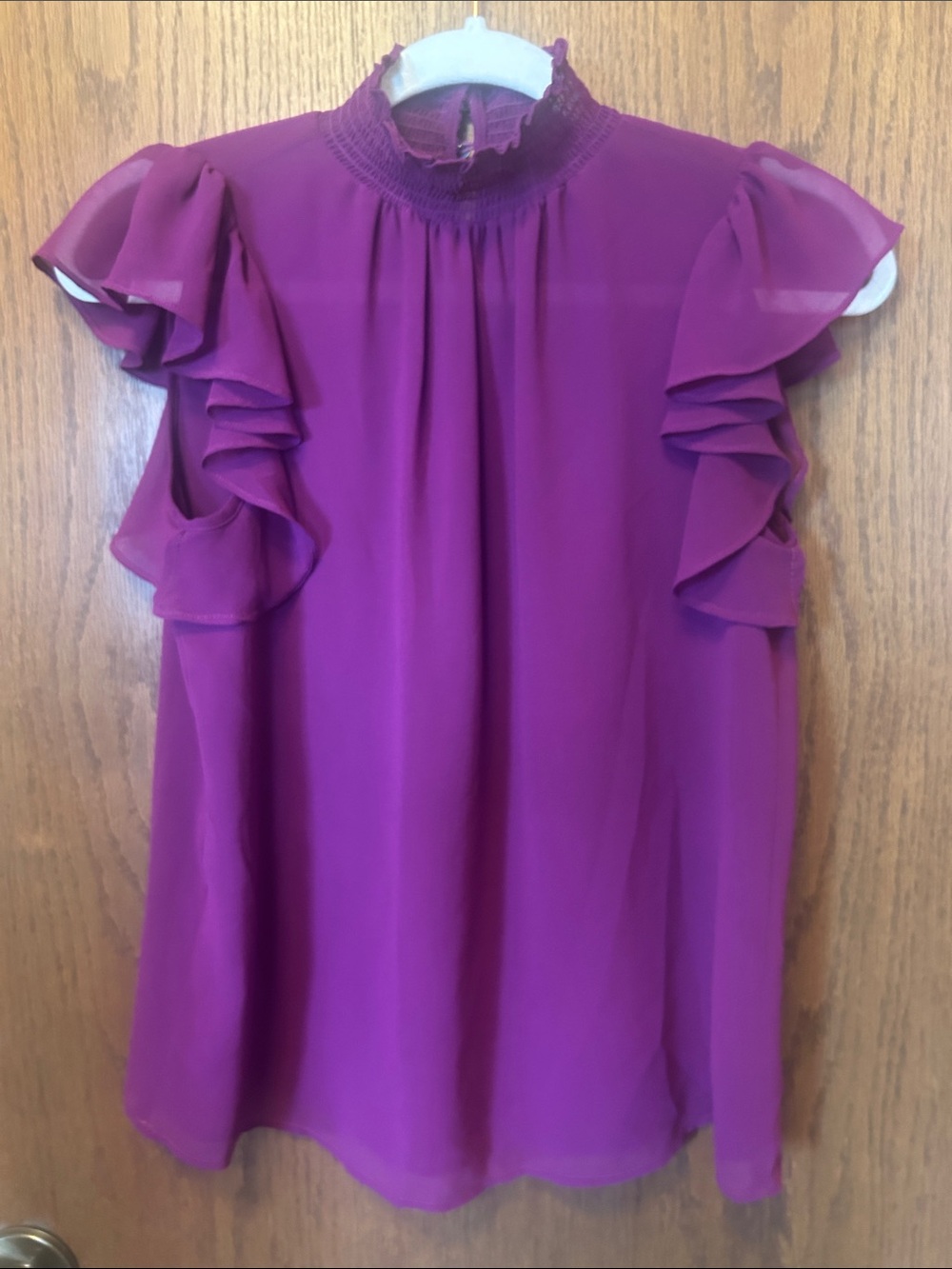 1. State Plum/Purple Ruffle Mock Neck Sleeveless Blouse